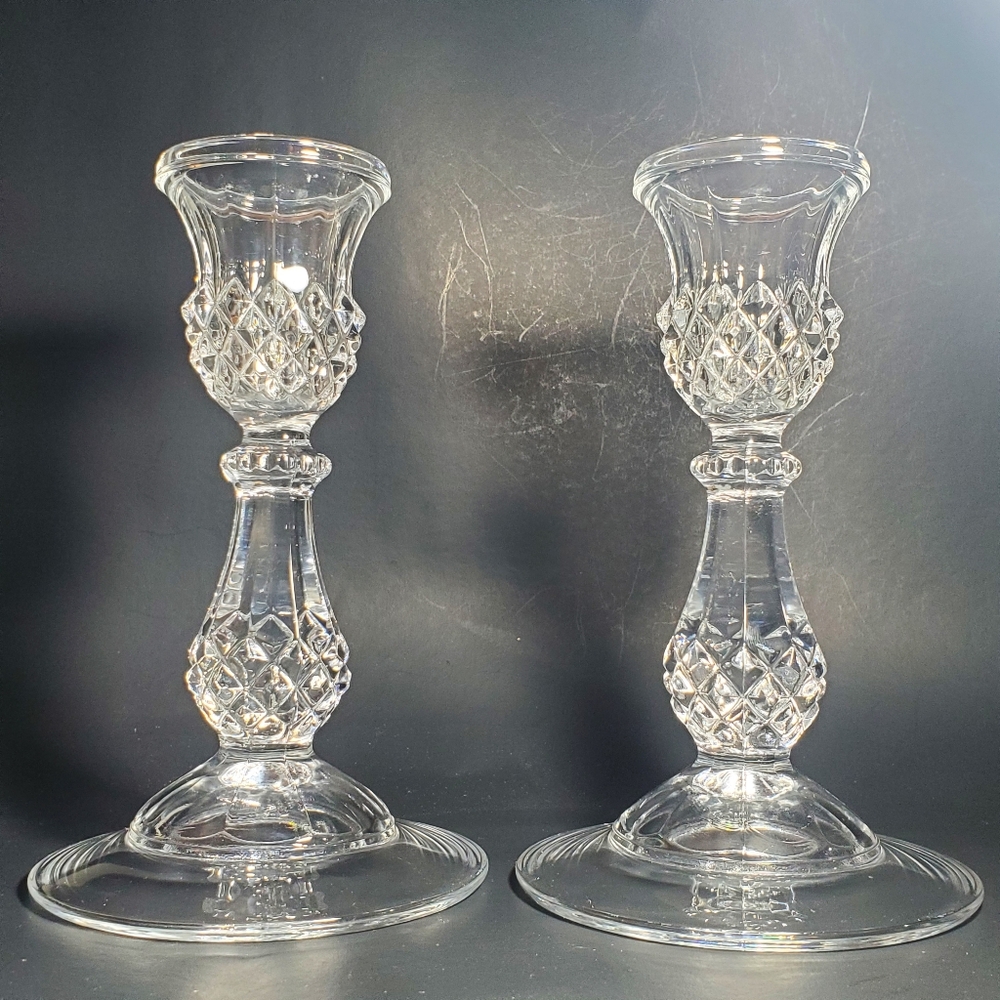 Vintage Candlestick Holders Sparkly Clear Glass Pair of Diamond Cut